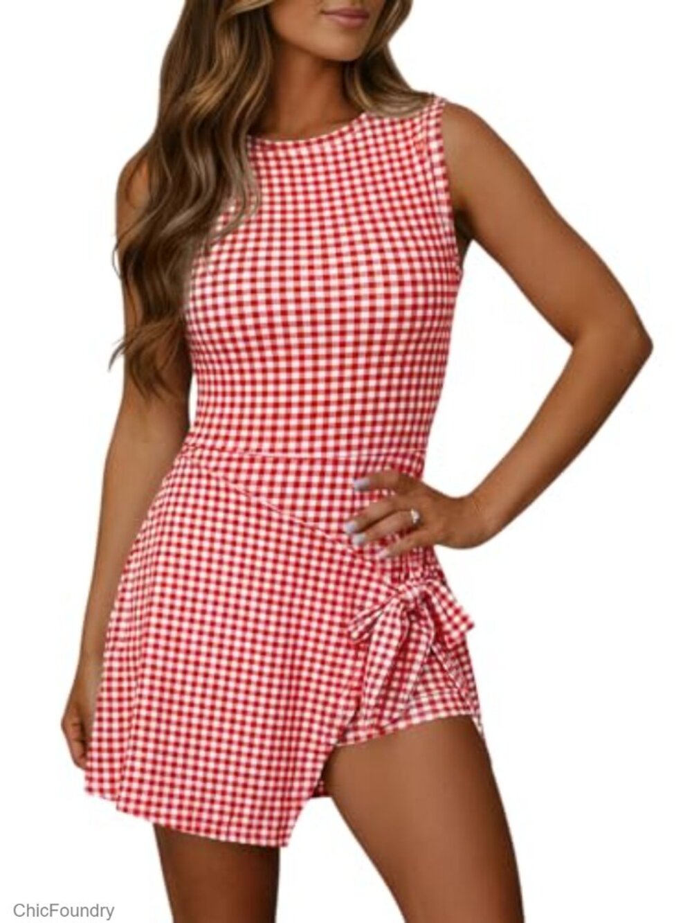 Sleeveless Mini Wrap Dress with Built-in Shorties Gingham Romper